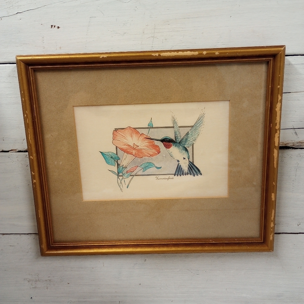 Vintage Framed Hummingbird Watercolor Print Farmhouse Cottage Nature.